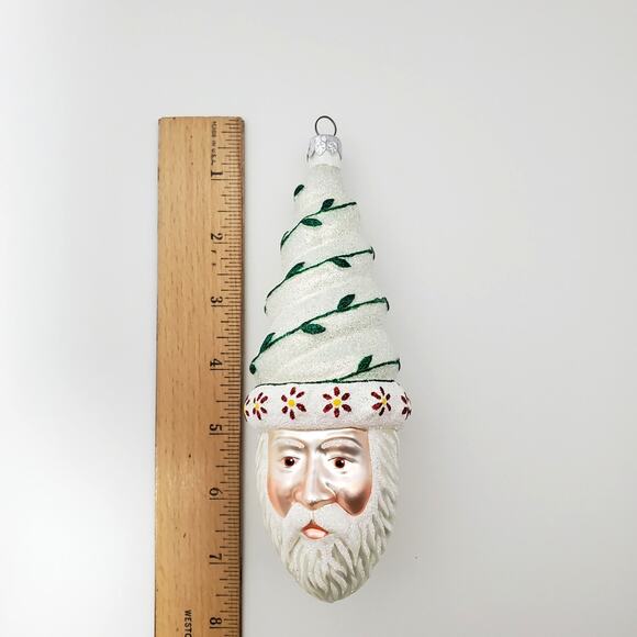 Glass Santa Ornament White w/Green Vine Red Yellow Flowers Winter - Picture 13 of 16